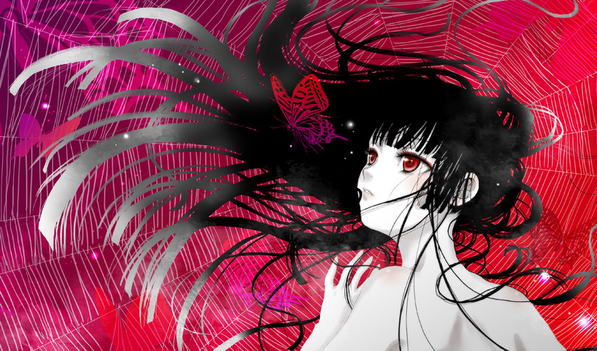 black_hair bug butterfly commentary_request enma_ai female highres jigoku_shoujo long_hair red_eyes silk solo spider_web yoiyoi