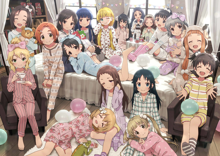 6+girls :d :o ;) ^_^ akagi_miria animal_hood armchair balloon barefoot bed black_eyes black_hair blonde_hair blue_eyes blunt_bangs bow brown_eyes brown_hair chair closed_eyes commentary cup curtains duplicate everyone food fukuyama_mai green_eyes hair_bobbles hair_ornament hairbow hairclip highres hood hyou-kun ichihara_nina idolmaster idolmaster_cinderella_girls indoors koga_koharu koseki_reina kusakabe_wakaba l.m.b.g_(idolmaster) lap_pillow long_hair looking_at_viewer low_twintails lying mary_cochran matoba_risa multiple_girls nanjo_hikaru narumiya_yume ohnuma_kurumi one_eye_closed one_side_up open_mouth orange_hair outstretched_arm outstretched_arms pajamas pixel-perfect_duplicate plaid_pajamas pocky ponytail ryuzaki_kaoru sajo_yukimi sakurai_momoka sasaki_chie sheep_hood short_hair sitting sleepover smile socks sonsoso stuffed_animal stuffed_toy tachibana_arisu teacup teddy_bear twintails two_side_up window wooden_floor yanase_miyuki yellow_eyes yokoyama_chika