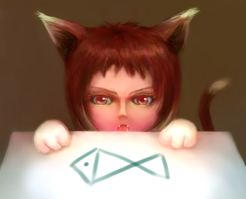 angry cat_ears feline female fish ikelag looking_at_viewer open_mouth red_eyes red_hair simple_background solo tail