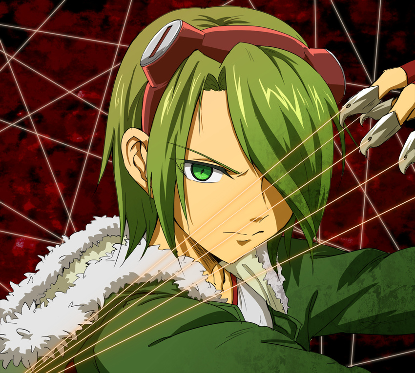 1boy akame_ga_kill! coat commentary_request gloves goggles goggles_on_head green_eyes green_hair hair_over_one_eye haruya_(16616) hood hoodie long_sleeves lubbock male_focus solo upper_body wire