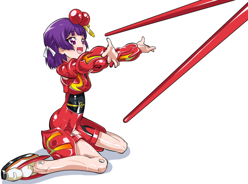 armor busou_shinki chopsticks commentary_request doll_joints female full_body hair_ornament hair_ribbon hairpin half_updo joints kohiru mecha_musume outstretched_arms photoshop_(medium) purple_eyes purple_hair red_armor ribbon shoes short_hair sinko_(sinsin) sitting smile solo spread_arms wariza white_background