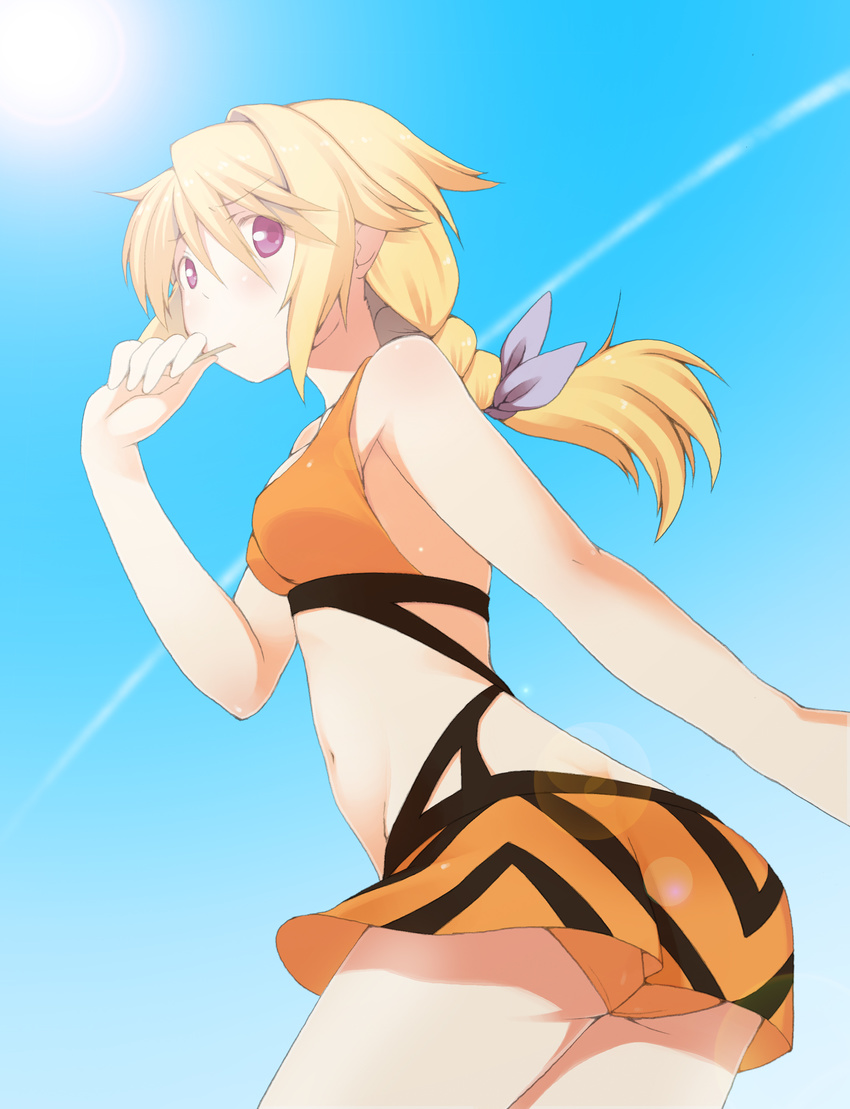 absurdres ass bikini blonde_hair braid charlotte_dunois commentary_request female graphite_(medium) highres infinite_stratos lens_flare long_hair majima_yuki mixed_media orange_bikini photoshop_(medium) purple_eyes skirt solo swimsuit traditional_media