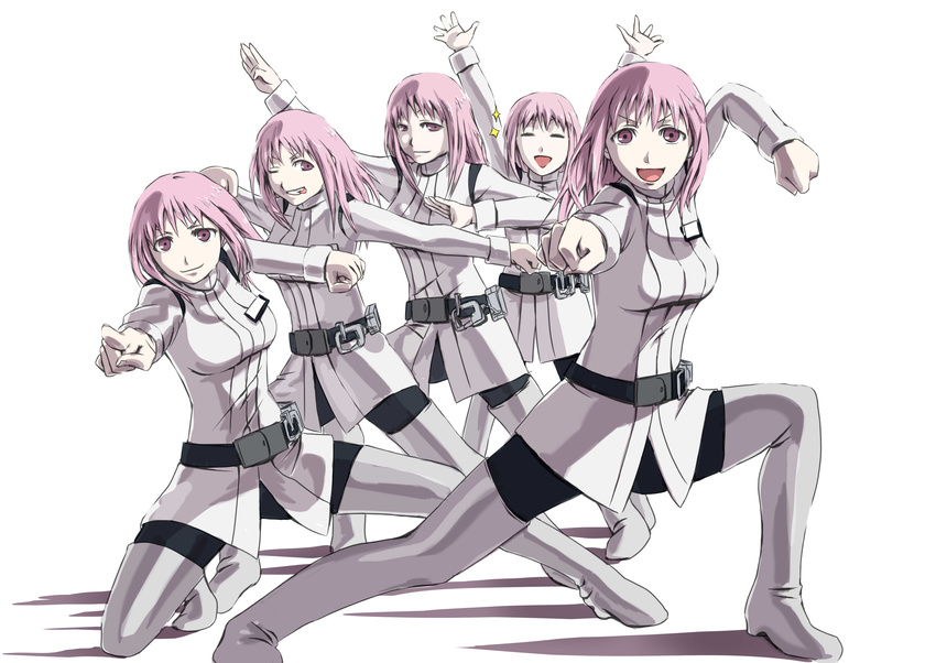 5girls absurdres boots breasts clone commentary_request heike_gani highres honoka_en honoka_ren honoka_sisters long_hair medium_breasts multiple_girls pantyhose parody pink_eyes pink_hair ressha_sentai_toqger science_fiction siblings sidonia_no_kishi sisters super_sentai thigh_boots thighhighs uniform