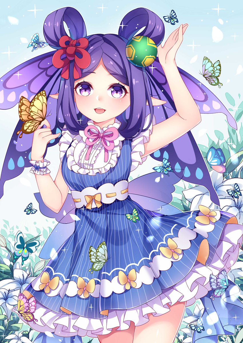 :o absurdres arm_up blue_dress bow bug butterfly butterfly_on_hand butterfly_wings chinese_commentary chuor_(chuochuoi) commentary_request dress female flower frilled_skirt frills hair_ribbon hair_rings hand_up head_wings highres insect_wings kochou_no_sei_(onmyoji) looking_at_viewer medium_hair onmyoji outdoors photoshop_(medium) pink_bow pointy_ears purple_eyes purple_hair purple_wings ribbon skirt standing striped_clothes striped_dress wings wristband yellow_butterfly