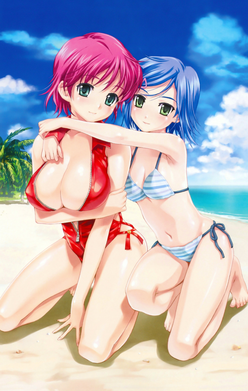 2girls absurdres bare_legs bare_shoulders barefoot beach bikini blue_hair blue_sky blush breast_hold breasts cleavage cloud day green_eyes hair_ornament hairclip happoubi_jin highres iihara_nao kneeling koromogae_maya large_breasts light_smile looking_at_viewer multiple_girls navel one-piece_swimsuit outdoors palm_tree photoshop_(medium) pink_hair resort_boin scan shiny_skin short_hair sky string_bikini striped_bikini striped_clothes swimsuit tree unzipped zipper