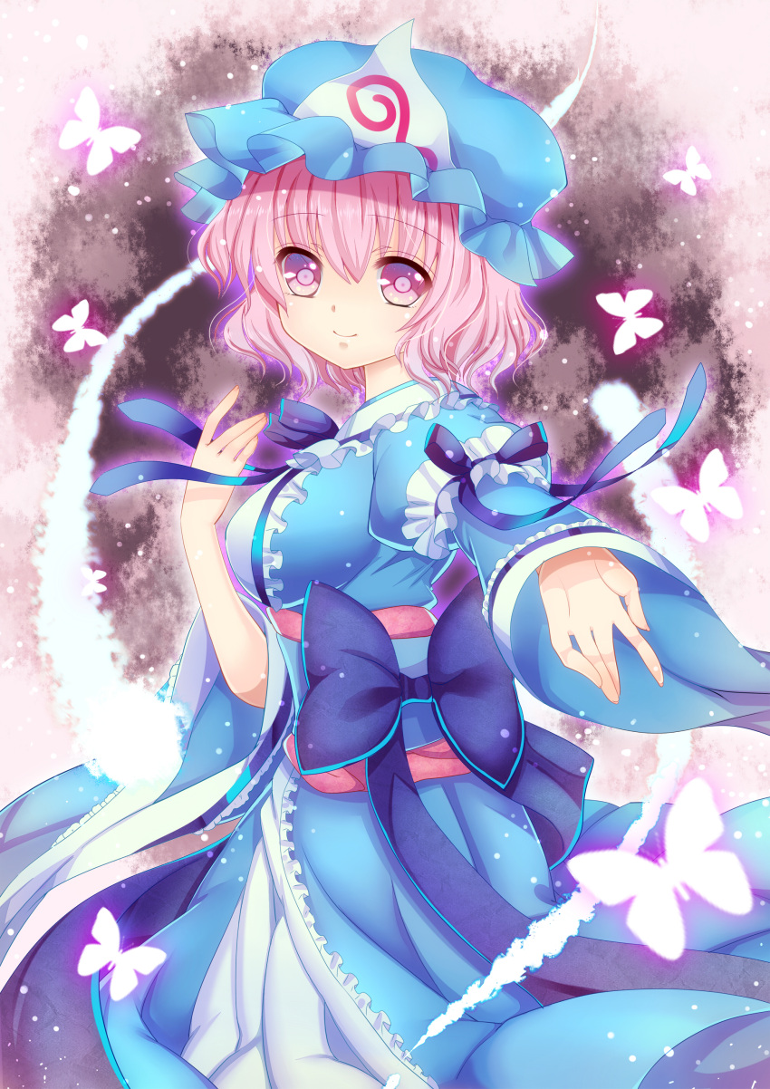 absurdres bad_id bad_pixiv_id breasts bug butterfly cherry_blossoms female hat highres japanese_clothes medium_breasts obi petals pink_eyes pink_hair ribbon saigyouji_yuyuko sash short_hair smile solo touhou triangular_headpiece umeko_(koori_ume)