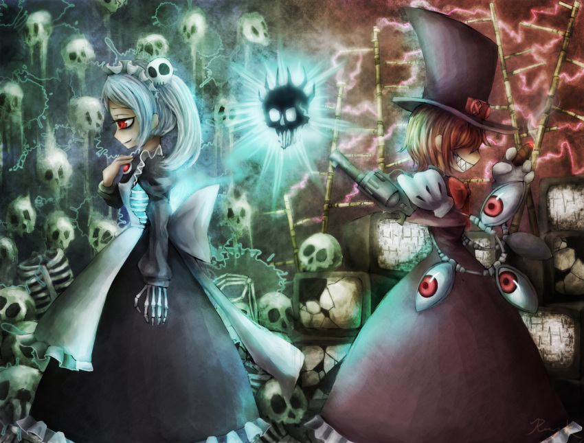 2girls bloody_marie_(skullgirls) bone bones gun hair_ornament hat maid maid_headdress mechanical_arms multiple_girls orange_hair peacock_(skullgirls) ray-k red_eyes revolver silver_hair skull skull_hair_ornament skull_heart skullgirls smile teeth television top_hat weapon