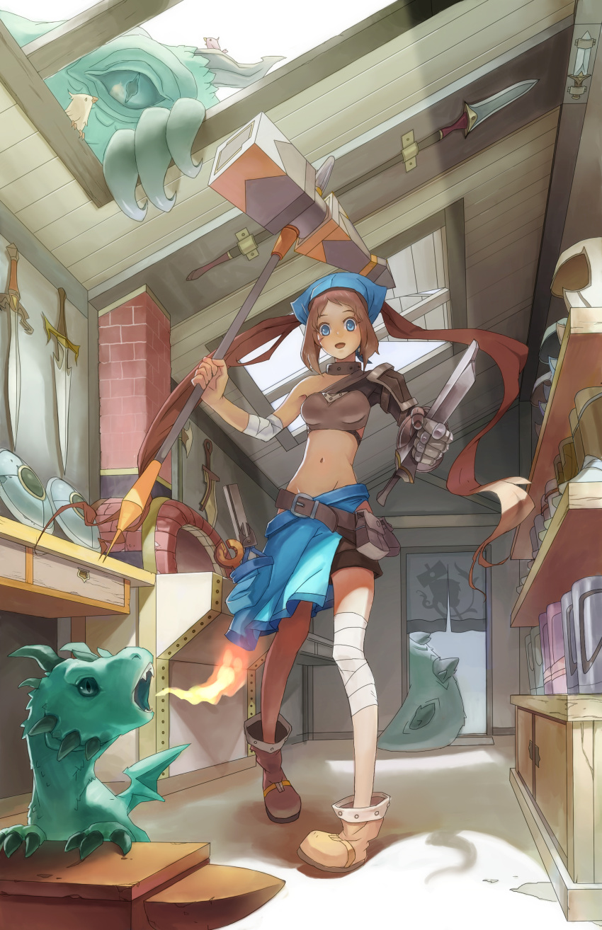 absurdres anvil bandages belt bird blue_eyes boots brown_hair commentary_request dragon dual_wielding female fire full_body hammer helmet highres holding lascalis long_hair mechanical_arms midriff monster multiple_weapons navel photoshop_(medium) pixiv_fantasia pixiv_fantasia_sword_regalia polearm pouch shield shop single_mechanical_arm solo spear sword very_long_hair weapon weapon_on_wall weapon_shop