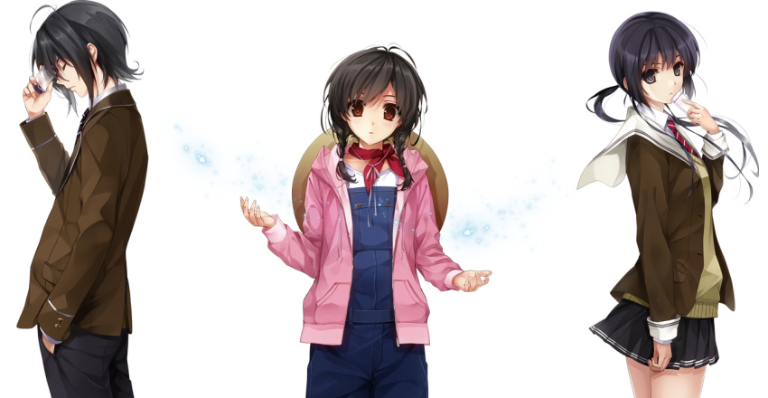 1boy 2girls arata-naru_sekai arata_(arata-naru_sekai) black_eyes black_hair blazer braid cellphone closed_eyes hat hood hoodie jacket kirishima_(arata-naru_sekai) misaki_kurehito multiple_girls overalls phone ponytail red_eyes scarf school_uniform skirt sweater transparent_background twin_braids yakusa_(arata-naru_sekai)