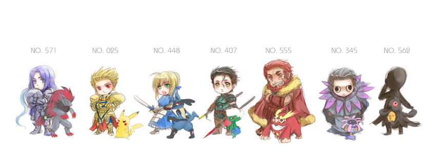 6+boys artoria_pendragon_(fate) assassin_(fate/zero) berserker_(fate/zero) chibi commentary_request crossover darmanitan darmanitan_(standard) diarmuid_ua_duibhne_(lancer)_(fate) fate/zero fate_(series) female gilgamesh_(fate) gilles_de_rais_(caster)_(fate) grenat highres iskandar_(fate) lileep lucario multiple_boys pikachu pokedex_number pokemon pokemon_(creature) roserade saber_(fate) trait_connection yamask zoroark