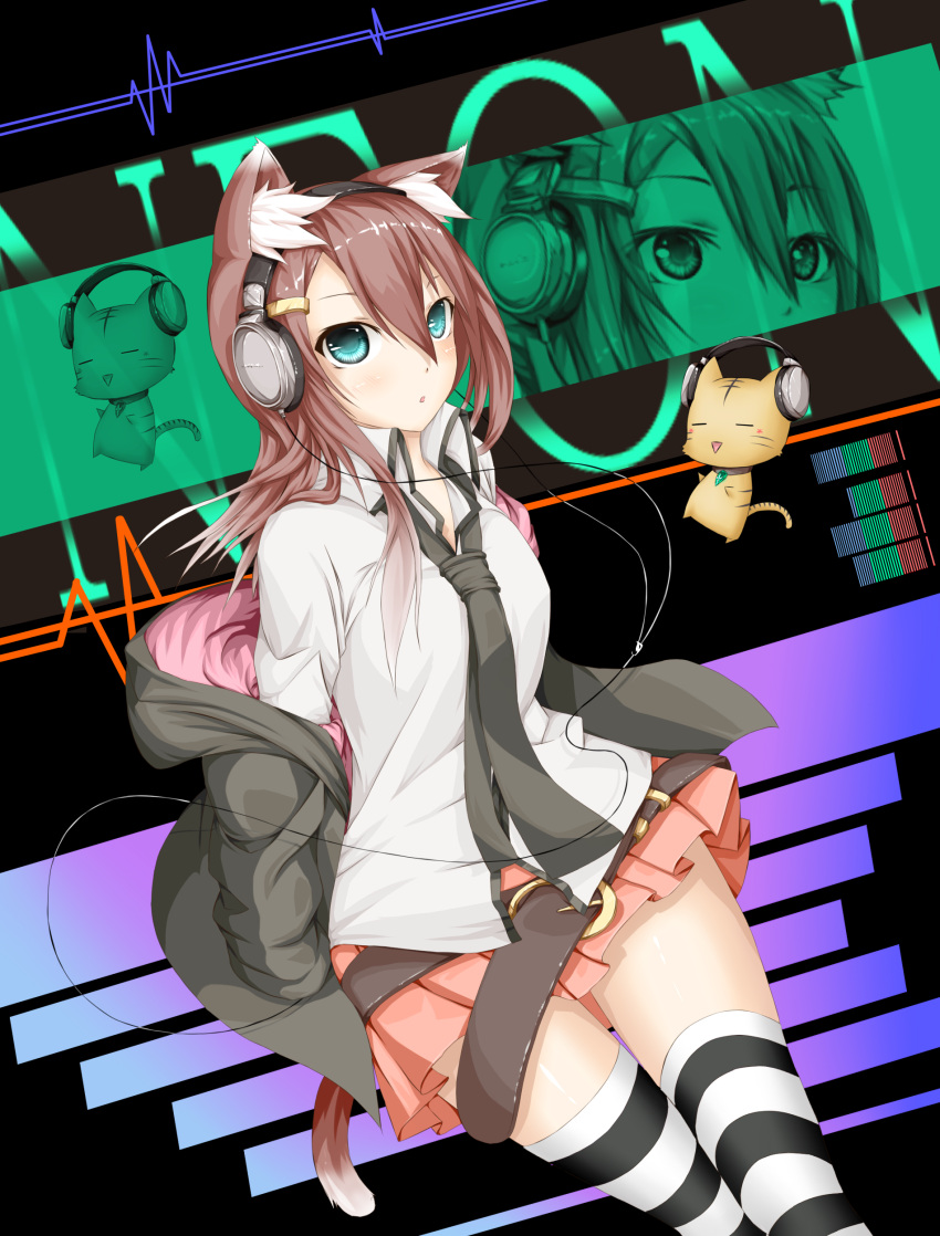 abstract_background absurdres animal_ears ayase_tamaki belt blue_eyes borrowed_character brown_hair cat_ears chibi commentary_request dress_shirt feline female hair_ornament hairclip headphones highres jacket long_sleeves necktie off_shoulder original parted_lips shirt short_hair skirt striped_clothes striped_thighhighs tail thigh_gap thighhighs yonari_phone_neon zettai_ryouiki zoom_layer