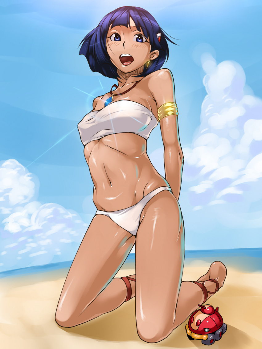 ankle_lace-up armlet bad_id bad_pixiv_id bare_shoulders barefoot beach blue_eyes blue_hair bob_cut cloud cross-laced_footwear dark-skinned_female dark_skin day earrings female from_below fushigi_no_umi_no_nadia gratan_(nadia) hair_ornament hairclip highres hoop_earrings jewelry kneeling long_legs military military_vehicle motor_vehicle nadia_la_arwall navel necklace ocean ojo_(dfreak) open_mouth outdoors panties revision short_hair sky smile solo strapless tank toy tube_top underwear