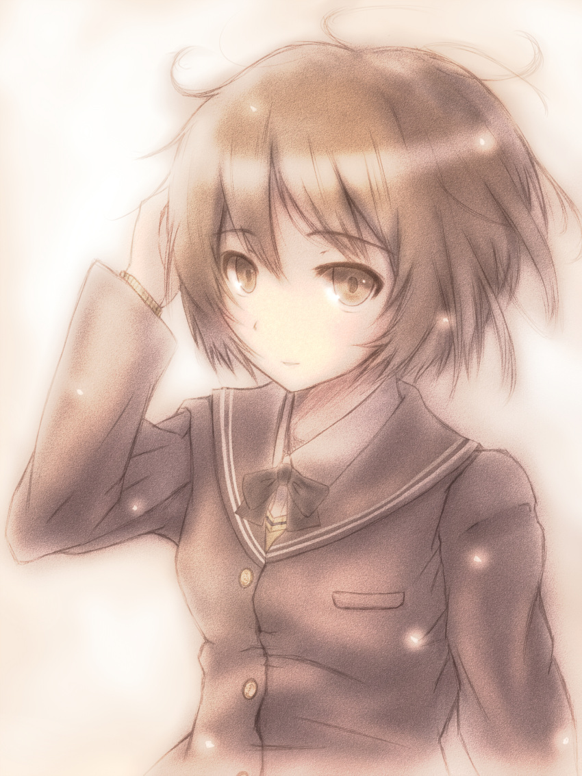 absurdres adjusting_hair amagami blazer bob_cut brown_eyes brown_hair commentary_request female highres jacket light_smile messy_hair peroshiti_aniki school_uniform sepia short_hair solo tachibana_miya wind