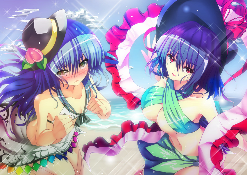 2girls adapted_costume bad_id bad_pixiv_id bare_shoulders beach bikini blue_hair blush breasts cleavage cloud collarbone day food fruit green_sarong hat highres hinanawi_tenshi large_breasts long_hair looking_at_viewer multiple_girls nagae_iku ocean outdoors peach red_eyes sarong shawl short_hair sky sousakubito sparkle swimsuit touhou white_sarong