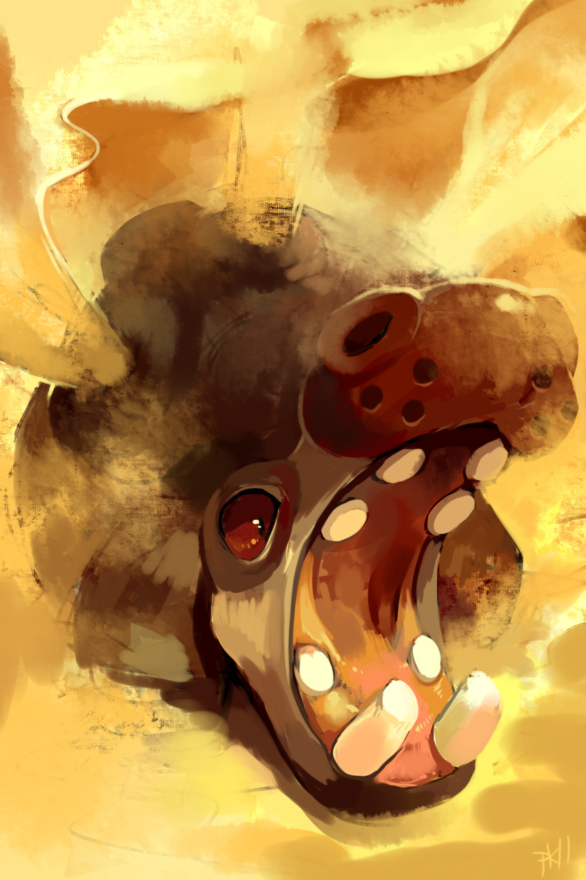 absurdres black_skin colored_skin commentary_request commission glitchedpuppet highres hippopotamus hippowdon hippowdon_(female) no_humans open_mouth pokemon pokemon_(creature) pokemon_move red_eyes sand sandstorm sandstorm_(pokemon) sexual_dimorphism signature solo teeth