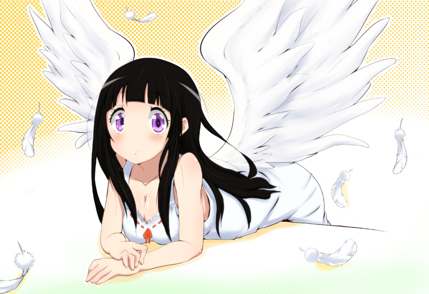 angel bare_shoulders black_hair blush breasts chitanda_eru cleavage commentary_request dress feathers female highres hyouka long_hair medium_breasts photoshop_(medium) purple_eyes smile solo wings yokoshima_(euphoria)