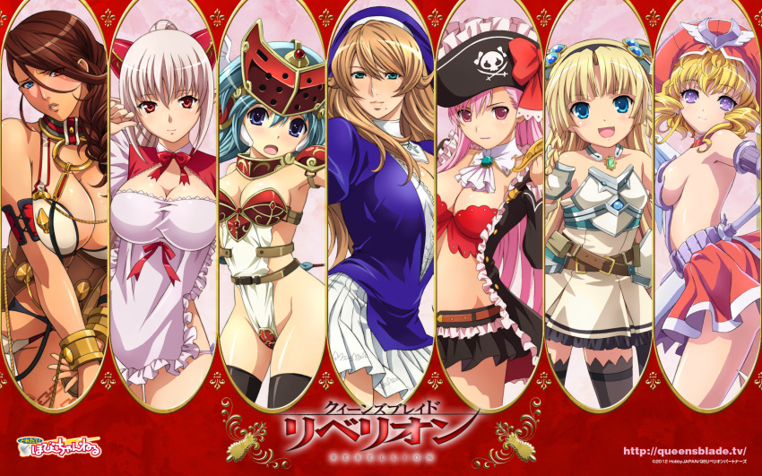 6+girls aldra_(queen's_blade) apron artist_request blonde_hair blue_eyes branwen_(queen's_blade) breasts captain_liliana cleavage copyright_name cross eilin_(queen's_blade) hat heterochromia highres jewelry laila_(queen's_blade) large_breasts midriff mirim mole mole_under_mouth multiple_girls necklace official_art official_wallpaper pink_hair pirate_hat pointy_ears purple_eyes queen's_blade queen's_blade_rebellion short_hair sideboob sigui_(queen's_blade) skull_and_crossbones smile summoner_aldra thighhighs winged_hat