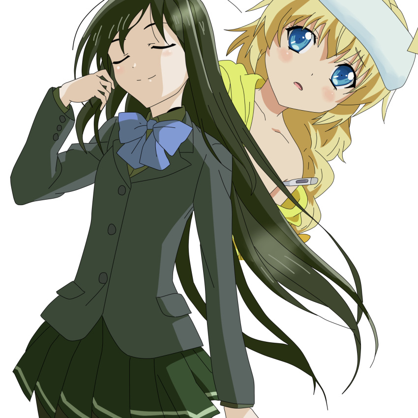 1boy accel_world black_hair blonde_hair blue_eyes commentary_request crossover female haiyore!_nyaruko-san hastur_(nyaruko-san) highres kuroyukihime long_hair otoko_no_ko pantyhose school_uniform takahiro_(rikky) thermometer towel towel_on_head umesato_middle_school_uniform