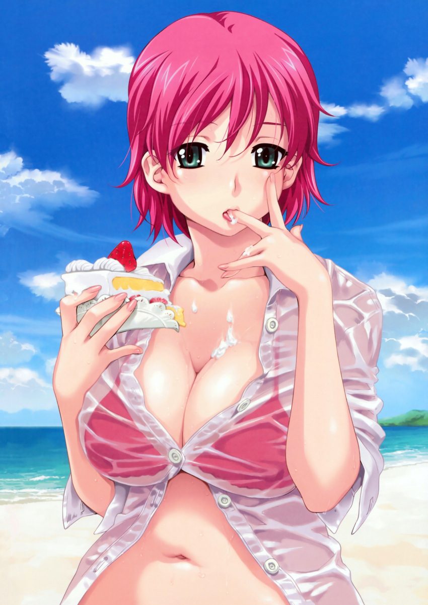 absurdres beach bikini bikini_under_clothes breasts cake cake_slice cleavage collarbone cream day doily female fingernails food fruit green_eyes happoubi_jin highres holding holding_food iihara_nao large_breasts licking licking_finger lips navel outdoors partially_unbuttoned pastry photoshop_(medium) pink_hair resort_boin scan see-through shirt short_hair sleeves_pushed_up solo strawberry sweat swimsuit tongue unbuttoned upper_body water wet wet_clothes