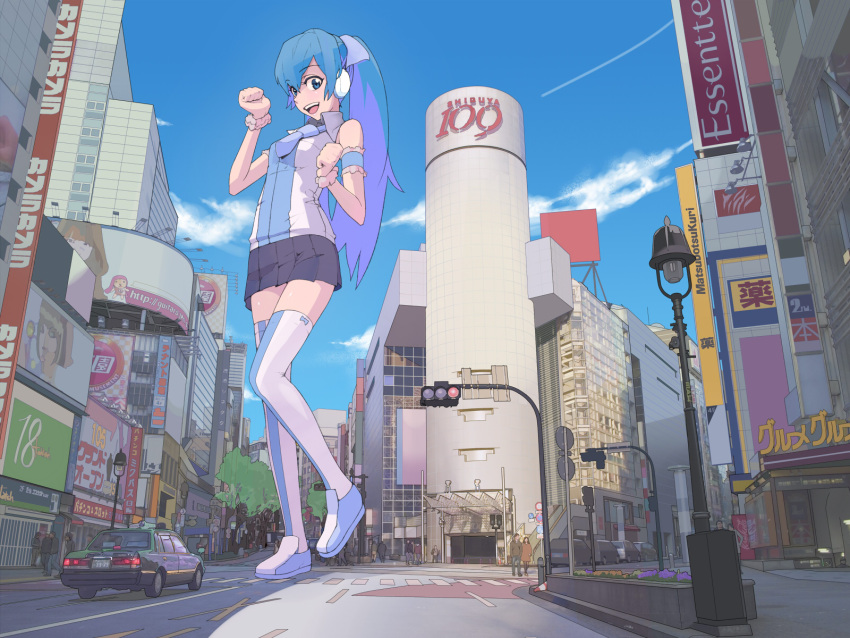 album_cover aqua_eyes aqua_hair car cityscape commentary_request cover day female giant giantess guitar_(guitars) hatsune_miku highres long_hair looking_at_viewer motor_vehicle necktie outdoors real_world_location shibuya_(tokyo) shibuya_109 sky smile solo taxi thighhighs tokyo_(city) twintails very_long_hair vocaloid zettai_ryouiki