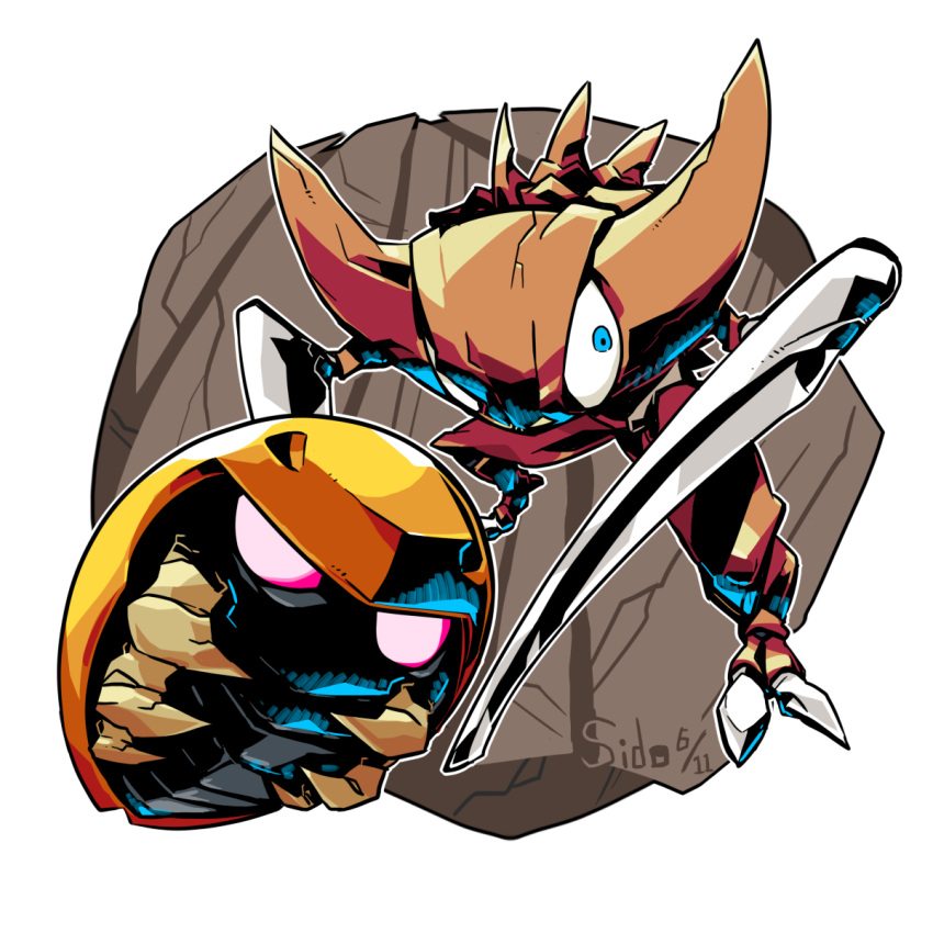 animal blue_eyes claws commentary_request dated evolutionary_line highres kabuto_(pokemon) kabutops monster no_humans pokemon pokemon_(creature) rock sido_(slipknot) signature standing transparent_background trilobite