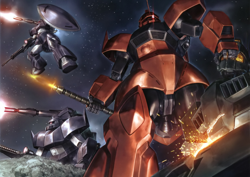 artist_request assault_visor asteroid energy_sword gelgoog gelgoog_cannon gelgoog_hmt_johnny_ridden_custom gm_(mobile_suit) gun gundam highres holding holding_gun holding_sword holding_weapon mecha mobile_suit_gundam no_humans orange_visor robot space sword weapon