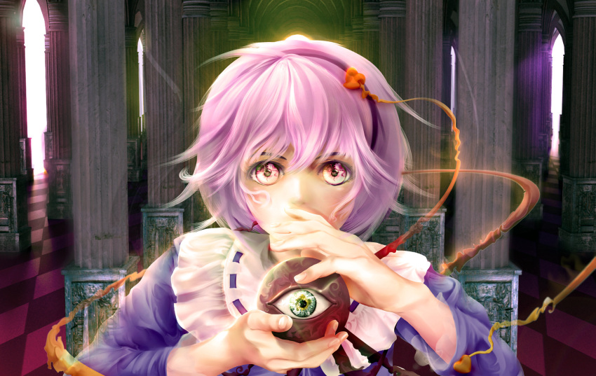 checkered_floor chireiden eyeball female green_eyes hairband heart highres jpeg_artifacts komeiji_satori pink_eyes pink_hair short_hair solo third_eye touhou