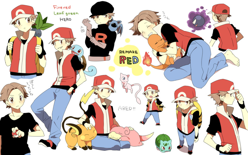 1boy alternate_costume backpack bag baseball_cap brown_hair bulbasaur charmander clothes_writing commentary_request drooling flame-tipped_tail gastly hat headpat highres male_focus mew_(pokemon) oddish perspective pokemon pokemon_(creature) pokemon_frlg pumpkinpan raichu red_(pokemon) sitting sleeping slowpoke squirtle starter_pokemon_trio surprised team_rocket team_rocket_grunt team_rocket_uniform zubat