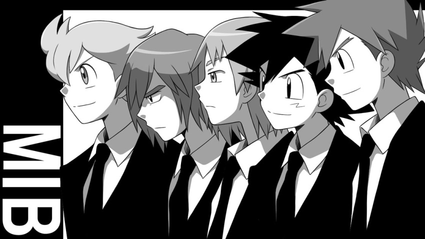 5boys barry_(pokemon) commentary_request cyaneko formal frown gary_oak greyscale male_focus monochrome multiple_boys necktie paul_(pokemon) pokemon pokemon_(anime) pokemon_(classic_anime) pokemon_bw_(anime) pokemon_dppt_(anime) satoshi_(pokemon) smile suit trip_(pokemon)