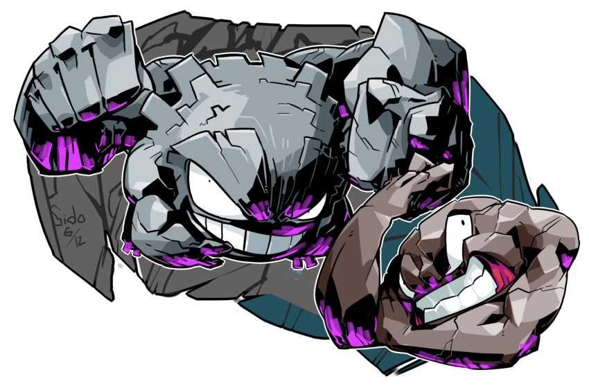 clenched_hands clenched_teeth commentary_request dated evolutionary_line extra_arms geodude graveler grin highres muscular no_humans pokemon pokemon_(creature) pose rock sido_(slipknot) signature smile teeth transparent_background