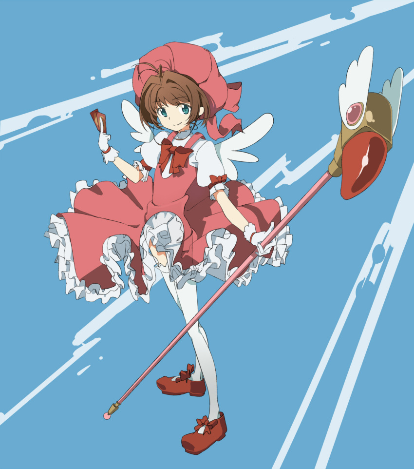 aqua_eyes bad_id bad_pixiv_id bow brown_hair card cardcaptor_sakura clow_card dress female full_body fuuin_no_tsue gloves hat highres kinomoto_sakura kinomoto_sakura_(magic_dream_costume) pink_hat short_hair smile solo staff thighhighs tt_(poposujp) white_gloves white_thighhighs wings