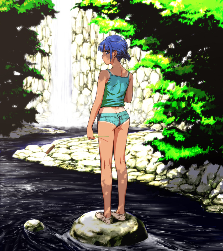 alternate_costume alternate_hairstyle aqua_shorts ass bare_shoulders blue_eyes blue_hair butt_crack camisole casual commentary_request day female full_body highres itou_yuuji kawashiro_nitori kneepits looking_at_viewer looking_back no_headwear outdoors river shoes short_hair short_ponytail short_shorts shorts sneakers solo standing tan tanlines touhou water waterfall wedgie