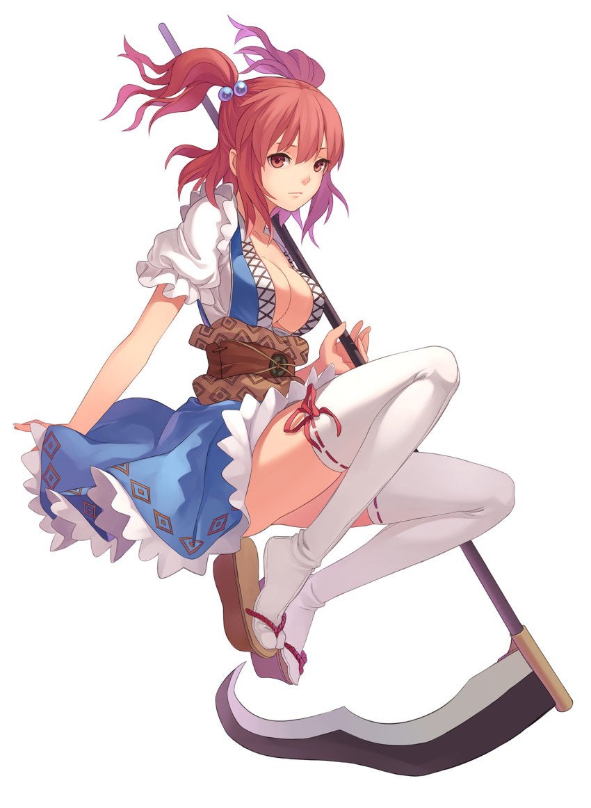 breasts cleavage coin commentary female fkey full_body hair_bobbles hair_ornament highres holding holding_scythe looking_at_viewer medium_breasts okobo onozuka_komachi photoshop_(medium) red_eyes red_hair ribbon-trimmed_legwear ribbon_trim sandals scythe simple_background socks solo tabi thighhighs touhou two_side_up white_background white_socks white_thighhighs