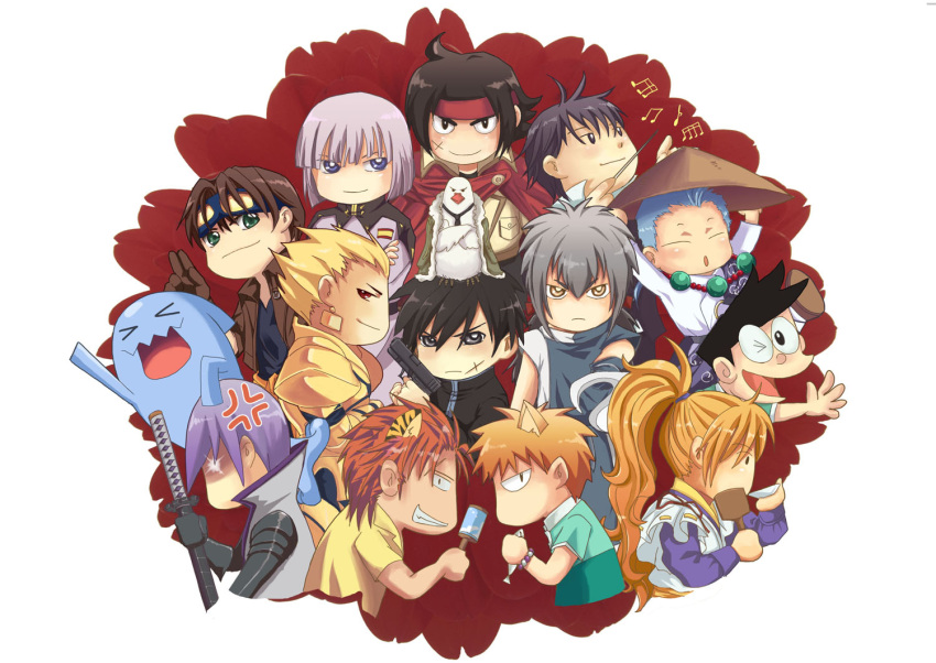 6+boys anger_vein beelzebub_(manga) bird character_request chiaki_shin'ichi chichiri_(fushigi_yuugi) commentary_request crossover domon_kasshu doraemon fate/zero fate_(series) fruits_basket full_metal_panic fushigi_yuugi g_gundam gilgamesh_(fate) gundam gundam_seed harukanaru_toki_no_naka_de harukanaru_toki_no_naka_de_3 hattori_(one_piece) honekawa_suneo ishida_mitsunari_(sengoku_basara) llrr male_focus minamoto_no_kurou_yoshitsune multiple_boys multiple_crossover musical_note nodame_cantabile one_piece photoshop_(medium) pigeon pokemon pokemon_(creature) sagara_sousuke samurai_deeper_kyo seki_tomokazu sengoku_basara shinrei_(sdk) souma_kyou toujou_hidetora voice_actor_connection wobbuffet yzak_joule