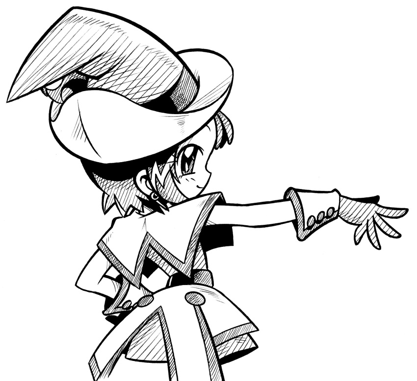 arukime commentary_request female gloves greyscale hand_on_own_hip hat highres looking_back monochrome ojamajo_doremi outstretched_hand segawa_onpu short_hair smile solo witch_hat