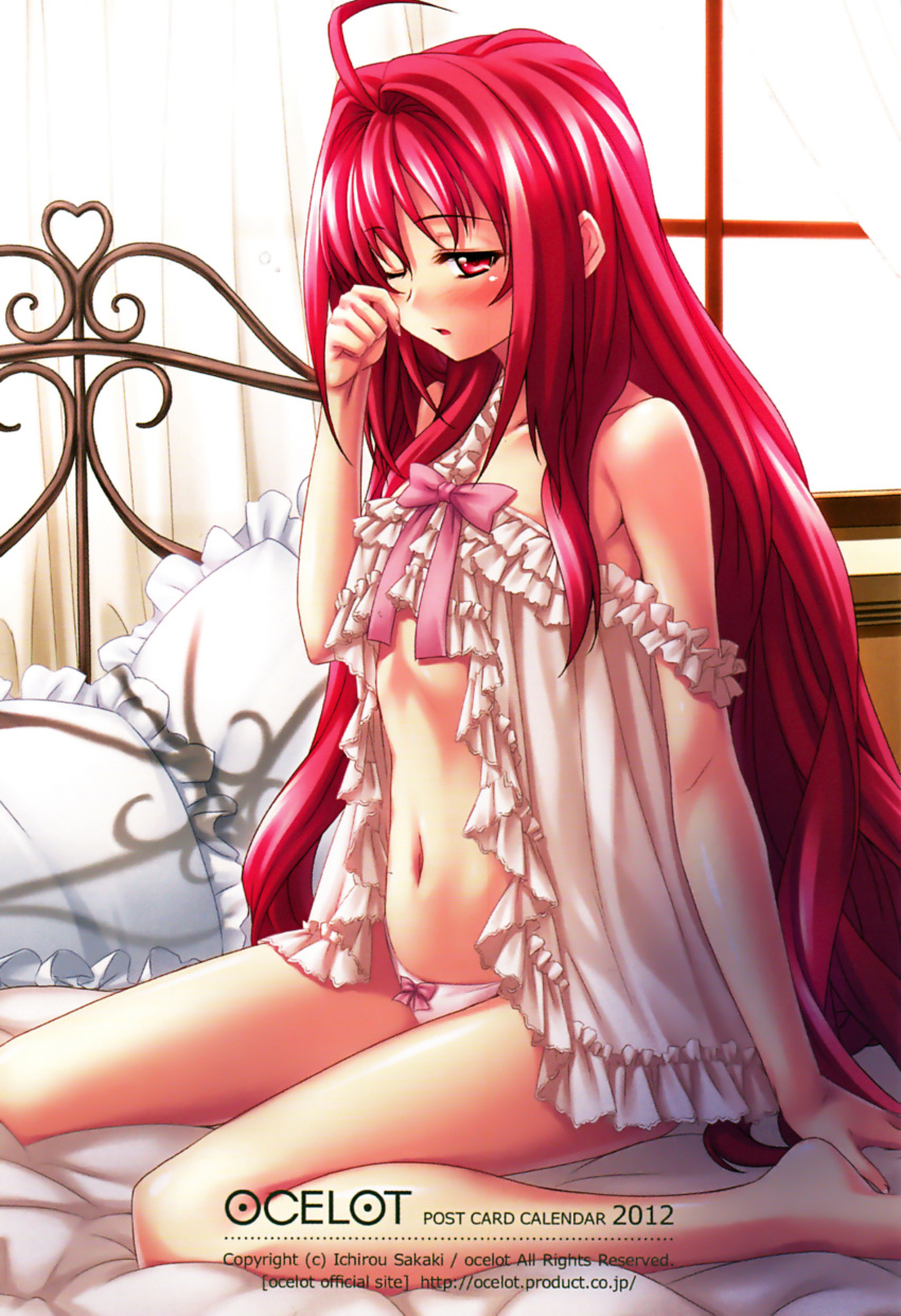 absurdres ahoge babydoll bare_legs bare_shoulders barefoot bed bedroom blush bow bow_panties corticarte_apa_lagranges female highres indoors kannatsuki_noboru long_hair one_eye_closed panties parted_lips photoshop_(medium) red_eyes red_hair rubbing_eyes scan shinkyoku_soukai_polyphonica sitting sleepy solo strap_slip underwear wariza white_panties