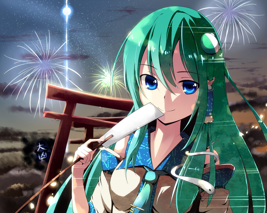 aerial_fireworks blue_eyes blush cloud commentary_request detached_sleeves female fireworks frog_hair_ornament gohei green_hair hair_ornament hair_tubes hidaka_kouyou kochiya_sanae long_hair necktie night smile snake solo torii touhou