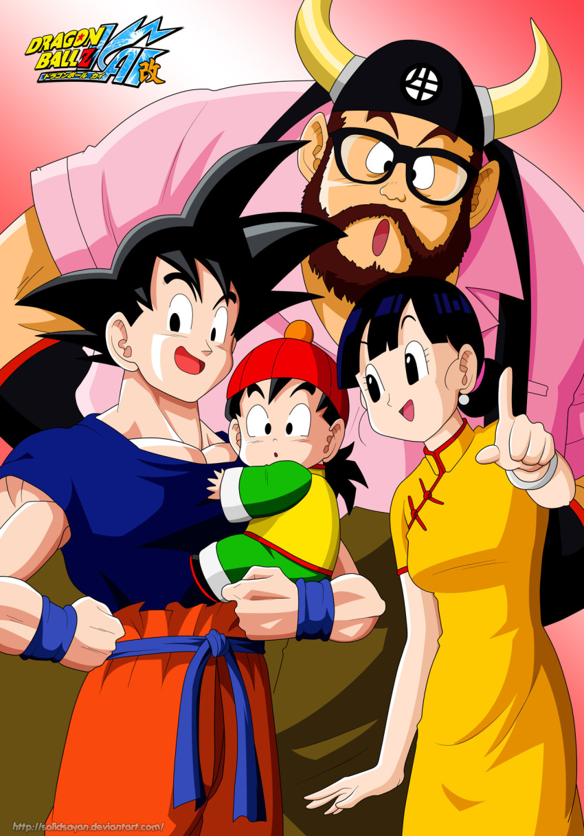 3boys :d bad_deviantart_id bad_id beard black_eyes black_hair brown_hair chi-chi_(dragon_ball) dragon_ball dragon_ball_kai dragon_ball_z facial_hair father_and_daughter father_and_son female glasses grandfather_and_grandson gyuu_mao hat height_difference highres horns husband_and_wife index_finger_raised lolicon mother_and_son multiple_boys muscular muscular_male open_mouth size_difference smile solidsayan son_gohan son_goku spiked_hair suspenders