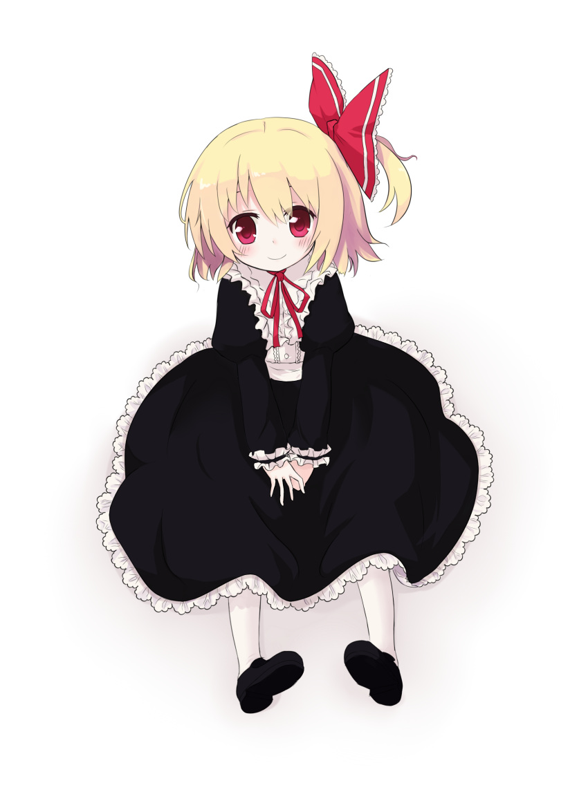 absurdres alternate_costume black_dress blonde_hair blush bow circle_skirt commentary_request dress eluthel female frills full_body hairbow highres neck_ribbon pigeon-toed red_eyes ribbon rumia side_ponytail sitting smile solo touhou v_arms white_background white_legwear