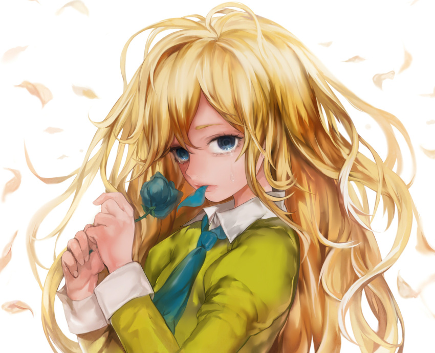 bad_id bad_pixiv_id blonde_hair blue_eyes blue_flower blue_rose commentary_request crying female flower highres ib_(kouri) lips long_hair looking_at_viewer mary_(ib) petals rose simple_background solo tcb tears white_background