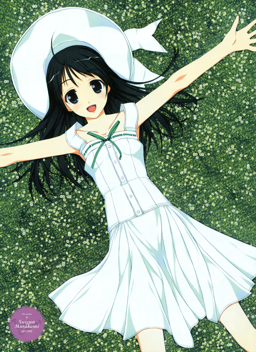 :d absurdres black_eyes black_hair copyright_request dress female grass hat highres lying murakami_suigun open_mouth outstretched_arms smile solo spread_arms sundress