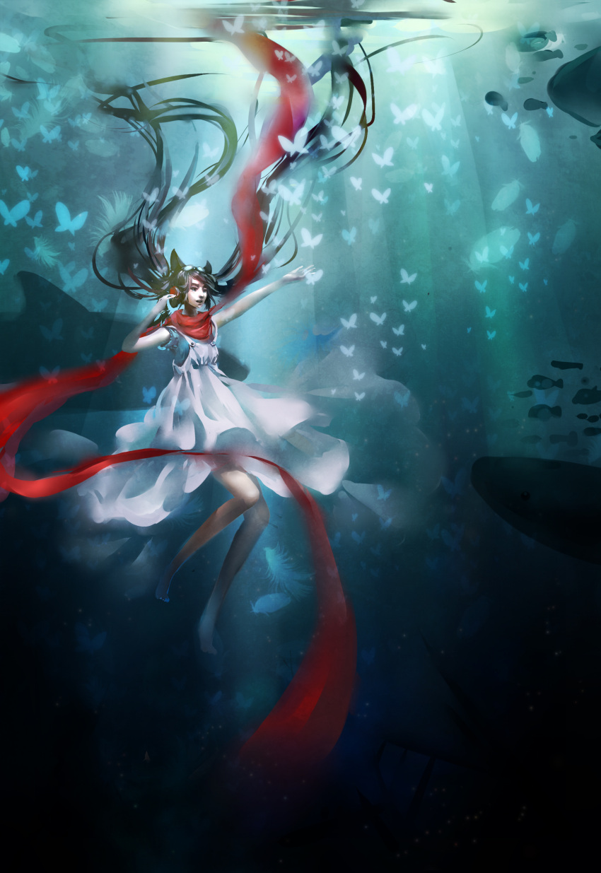 absurdres black_hair blue_eyes bug butterfly commentary dark dress feathers female fish goggles h2so4kancel headphones highres long_hair original outstretched_arm photoshop_(medium) scarf shark solo surreal underwater very_long_hair white_dress