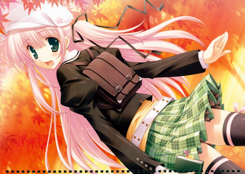 autumn_leaves backpack bag belt black_thighhighs dutch_angle female green_skirt hair_ribbon hat highres ikegami_akane leaf long_hair looking_back maple_leaf open_mouth pink_hair plaid plaid_skirt ribbon side_ponytail skirt solo sunshine_creation sunshine_creation_10th_anniversary_2009_calendar thighhighs