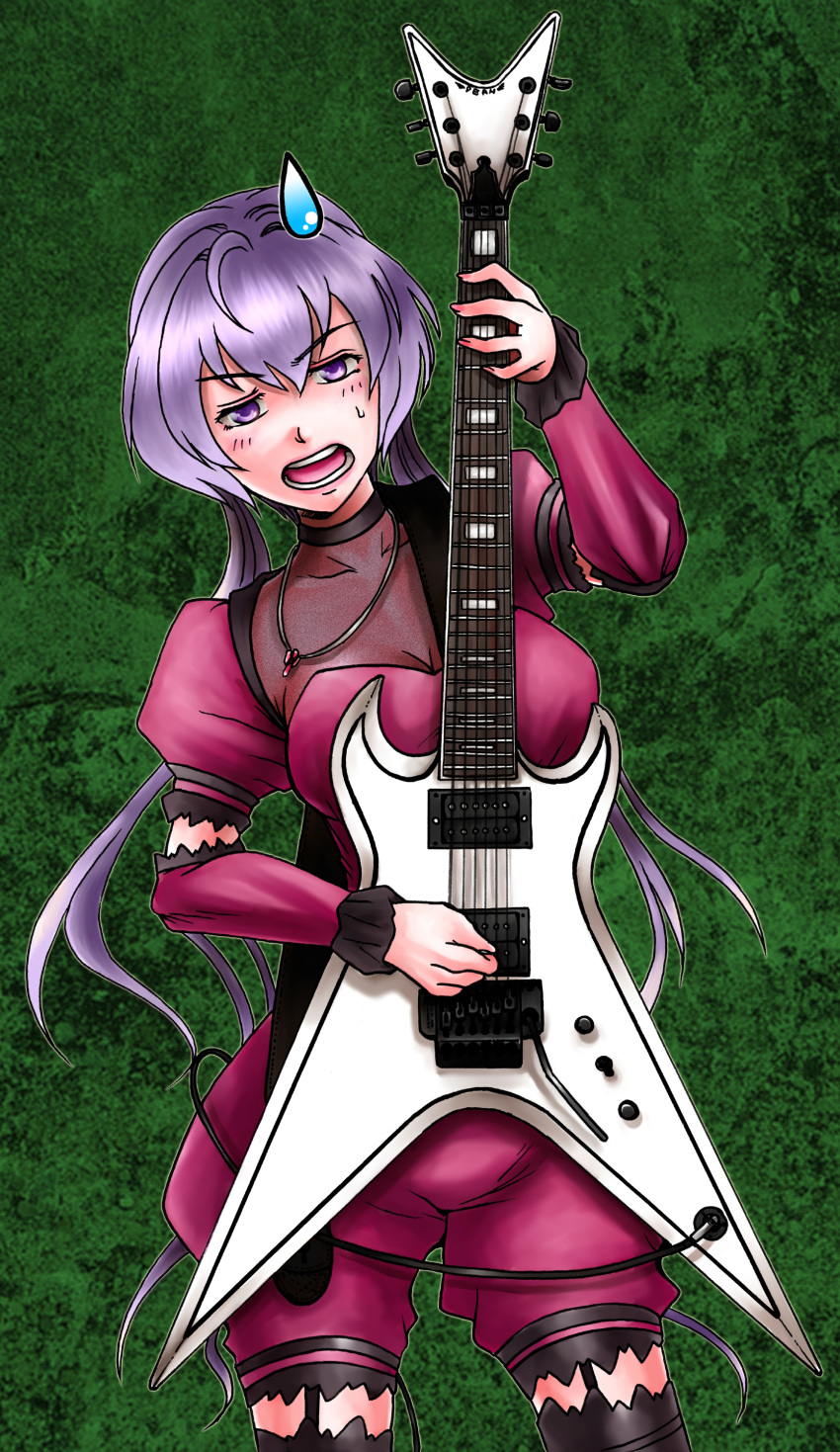 absurdres chris_impellitteri dean_guitars female fukushima_nyuugyou_inc garter_straps guitar highres instrument jewelry long_hair music name_connection open_mouth pendant photoshop_(medium) playing_instrument pun purple_eyes purple_hair senki_zesshou_symphogear solo sweatdrop symphogear_pendant teeth thighhighs twintails yukine_chris