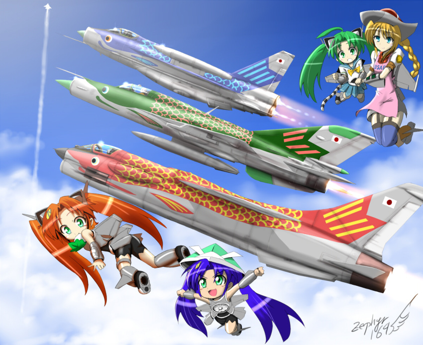 4girls afterburner ahoge aircraft airplane alternate_hair_color armor artist_name blonde_hair blue_hair braid clenched_hands cloud commentary_request contrail day drop_tank eating english_electric_lightning f-16_fighting_falcon f-35_lightning_ii f-8_crusader flying food glint green_eyes green_hair hair_ornament helmet huge_ahoge japanese_armor jet kabuto_(helmet) kashiwa_mochi_(food) koinobori leaf long_hair mecha_musume mig-21 military mochi mouth_hold multiple_girls oak_leaf open_mouth origami original outstretched_arms personification pleated_skirt red_hair school_uniform serafuku signature skirt sky spread_arms thighhighs twintails vehicle_and_personification vehicle_focus wagashi watermark windsock zephyr164