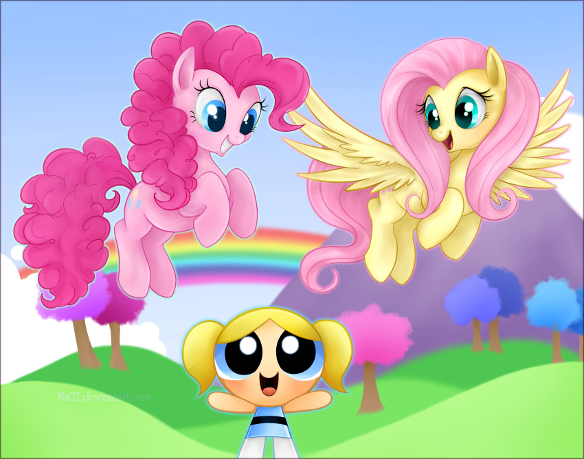 2012 blue_eyes bubble bubbles_(powerpuff_girls) cartoon_network clothed clothing crossover detailed_background dress earth_pony equid equine feathered_wings feathers female feral fluttershy_(mlp) friendship_is_magic fur green_eyes group hair hasbro hi_res hill horse human looking_at_viewer mammal mn27 mountain my_little_pony mythological_creature mythological_equine mythology open_mouth outside pegasus pink_body pink_fur pink_hair pinkie_pie_(mlp) plant pony powerpuff_girls quadruped rainbow rainbow_arch tail tree wings wood yellow_body yellow_feathers yellow_fur young