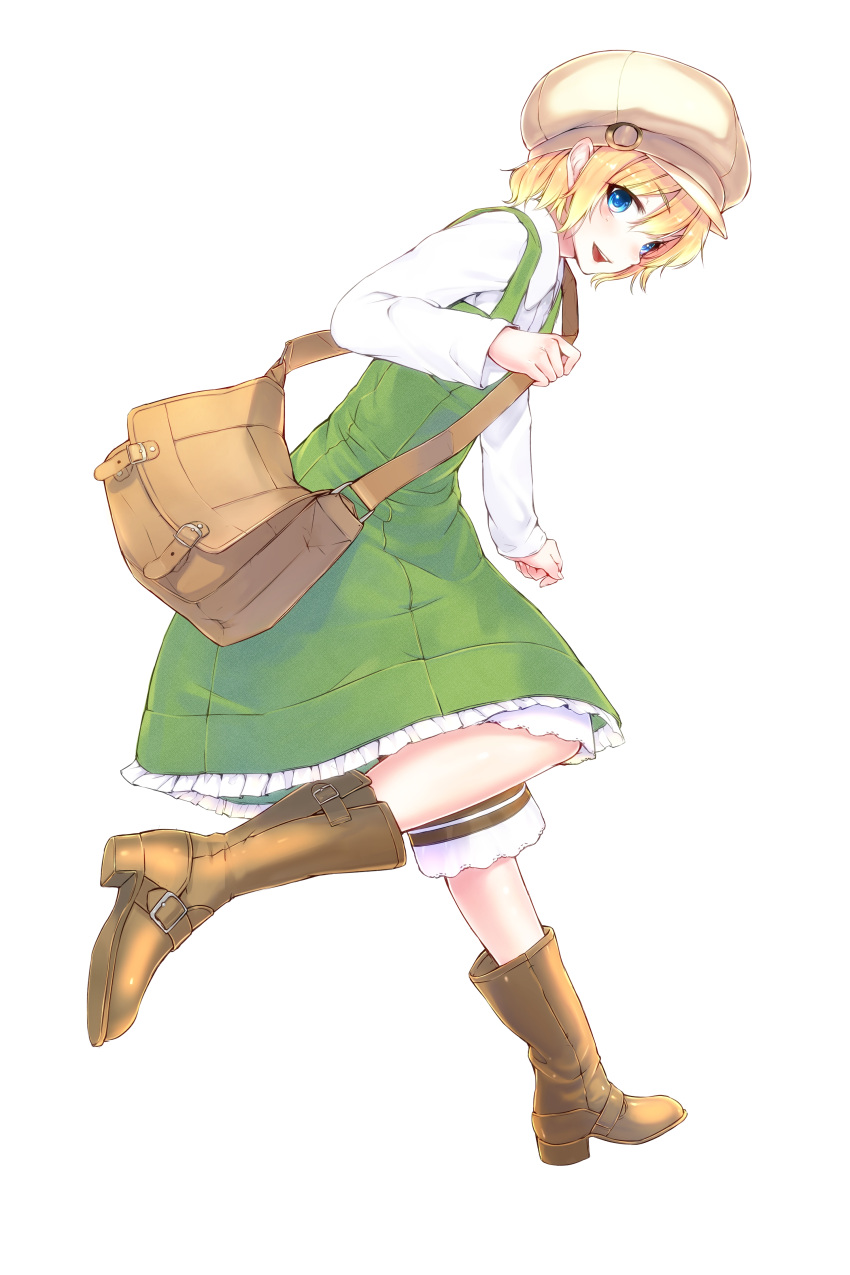 absurdres bag blonde_hair boots commentary_request dress female hat highres open_mouth original ryou@ryou short_hair simple_background smile solo white_background