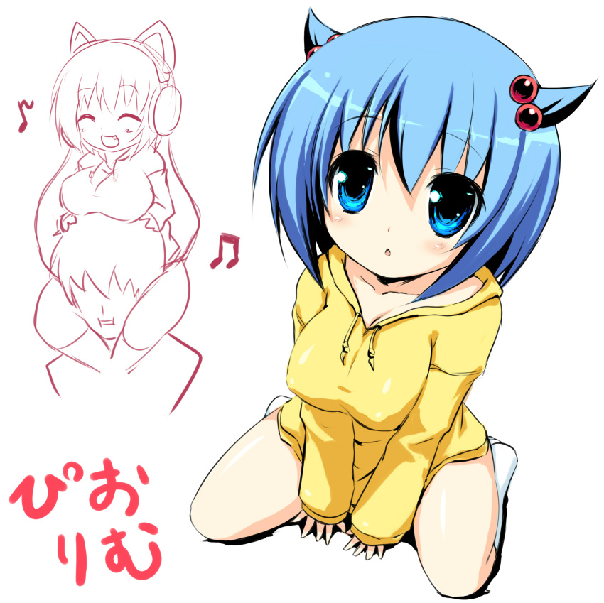 1boy 2-g animal_ears beamed_eighth_notes blue_eyes blue_hair blush breast_rest breasts breasts_on_head carrying cat_ears cleavage commentary_request eighth_note female hair_bobbles hair_ornament headphones highres hood hoodie large_breasts musical_note original short_hair shoulder_carry sitting socks straight wariza