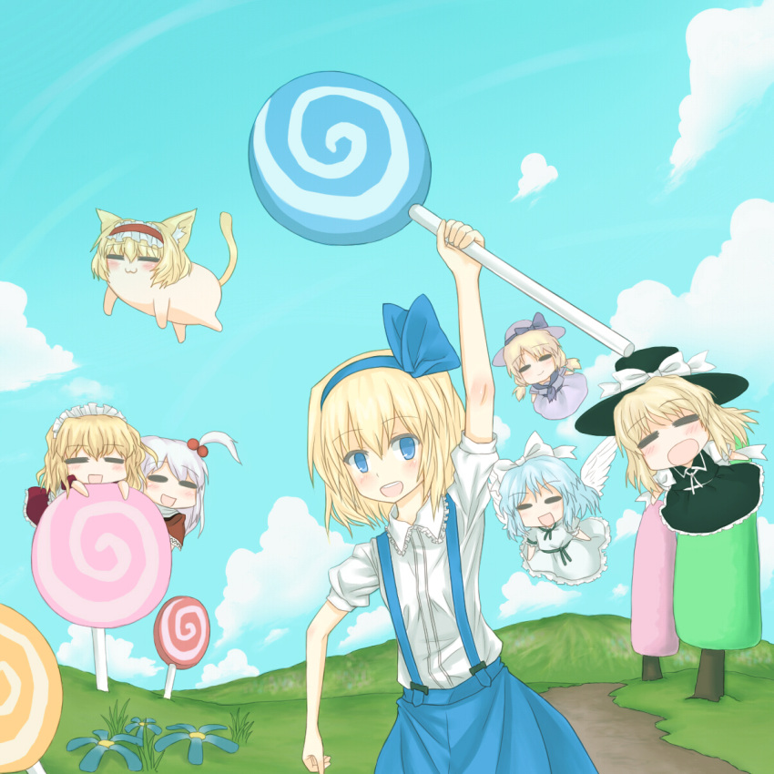 6+girls :d =_= alice_margatroid alice_margatroid_(pc-98) animal_ears blonde_hair blue_eyes blue_hair blue_hairband bow candy cat_ears cloud commentary_request cotton_candy day flower food grey_hair hair_bobbles hair_ornament hair_ribbon hairband hairbow hat hat_bow hbkhk2007 highres light_blue_hair lollichop lollipop long_hair louise_(touhou) mai_(touhou) maid maid_headdress multiple_girls open_mouth parody pyroland ribbon shinki_(touhou) short_hair side_ponytail sky smile suspenders team_fortress_2 touhou touhou_(pc-98) tree wings yuki_(touhou) yumeko_(touhou)