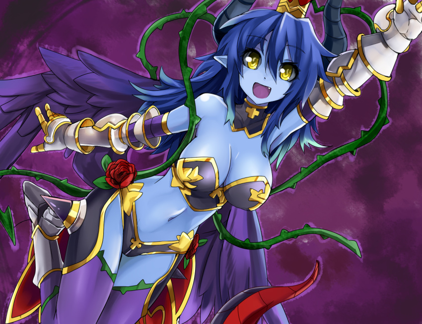 :d arm_up armor asmodeus_(shinrabanshou) blue_hair blue_skin breasts cleavage colored_skin commentary_request female flower gauntlets hat horns large_breasts long_hair low_wings navel oerba_yun_fang open_mouth plant pointy_ears purple_thighhighs rose shinrabanshou smile solo thighhighs vines wings yellow_eyes yoshizawa_tsubaki